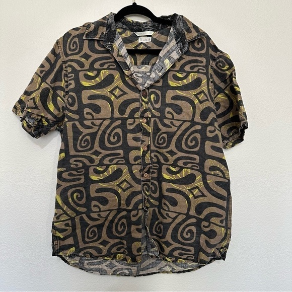 Te’aito mens bold polynesian short sleeve Hawaiian button up L large linen blend - Picture 1 of 3